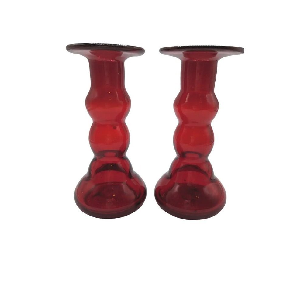 Set of 2 Vintage Viking Glass Ruby Red Candle Holders